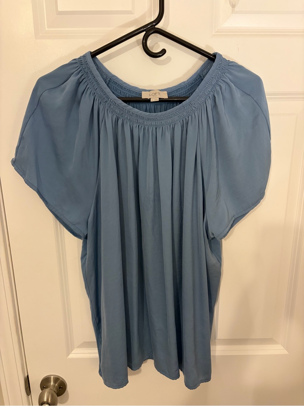 LOFT Dusty Blue Smocked Yoke Flutter Sleeve Blouse - XL